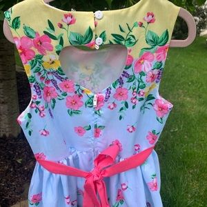 Nannette Floral Heart-Back Dress in Blue, Yellow & Pink